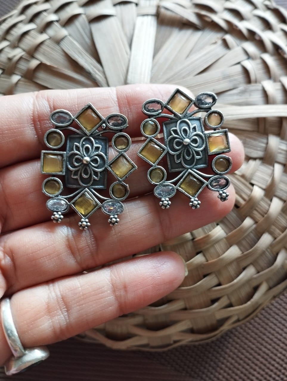 Yellow Stone Oxidised Earrings