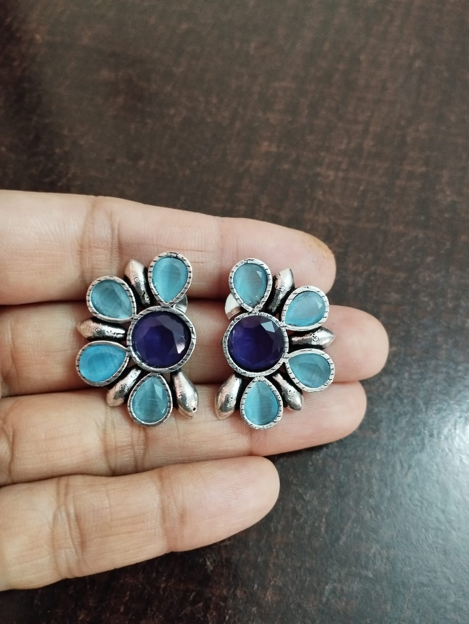 Sky blue stone oxidised earrings