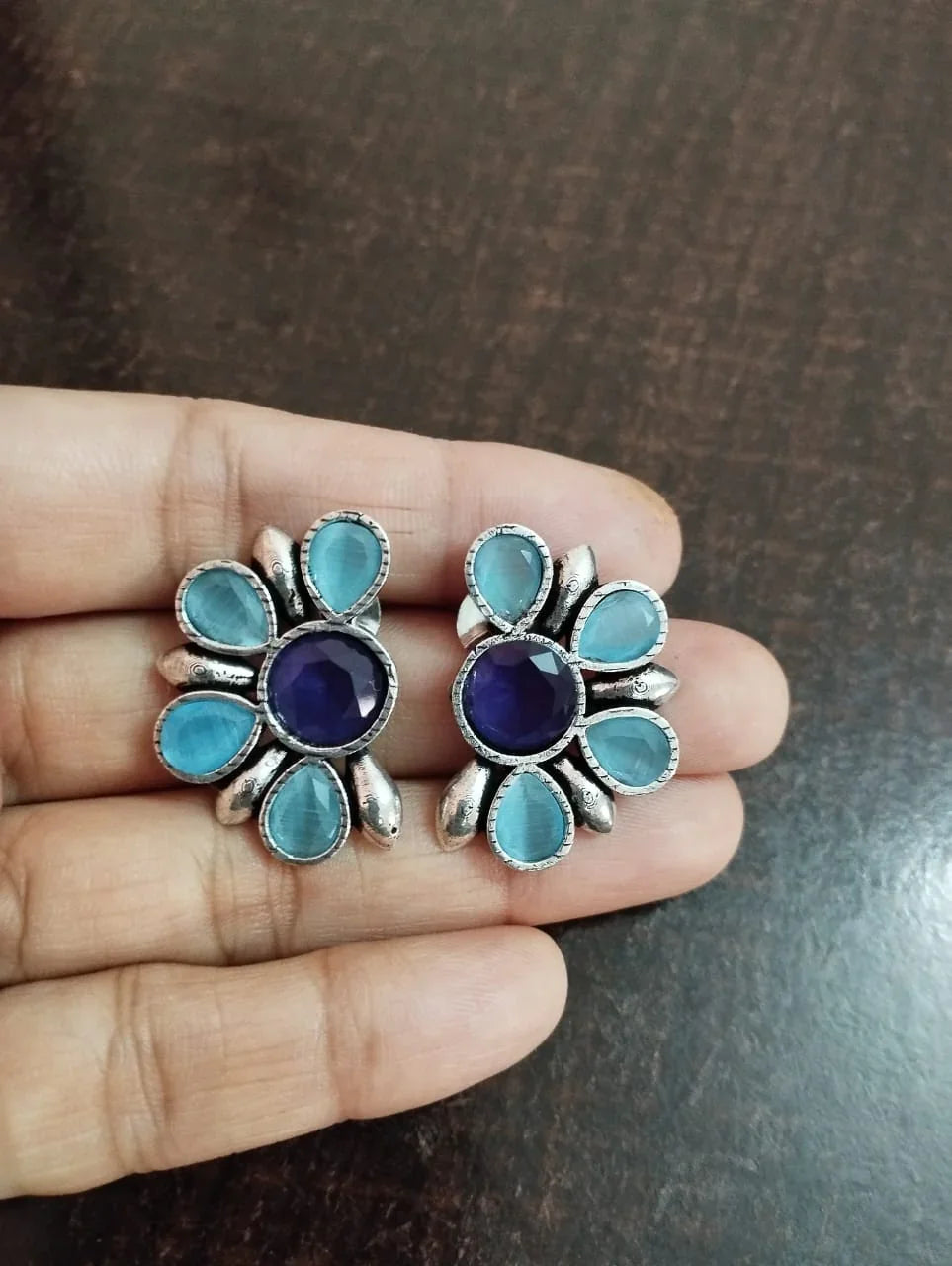 Sky blue stone oxidised earrings - INSTAR JEWELLERY