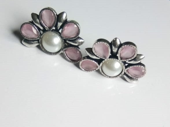 Pink Stone with white Pearl Oxidised Earrings