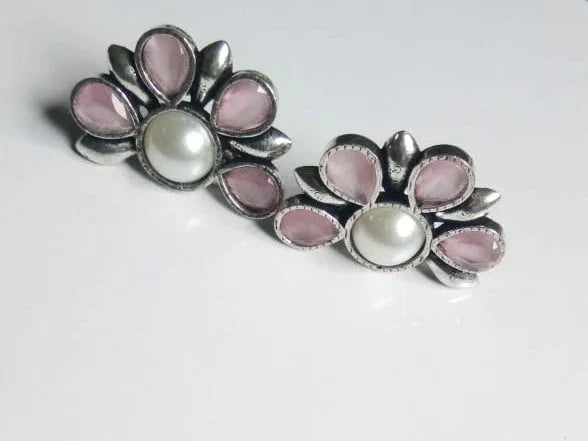 Pink Stone with white Pearl Oxidised Earrings - INSTAR JEWELLERY