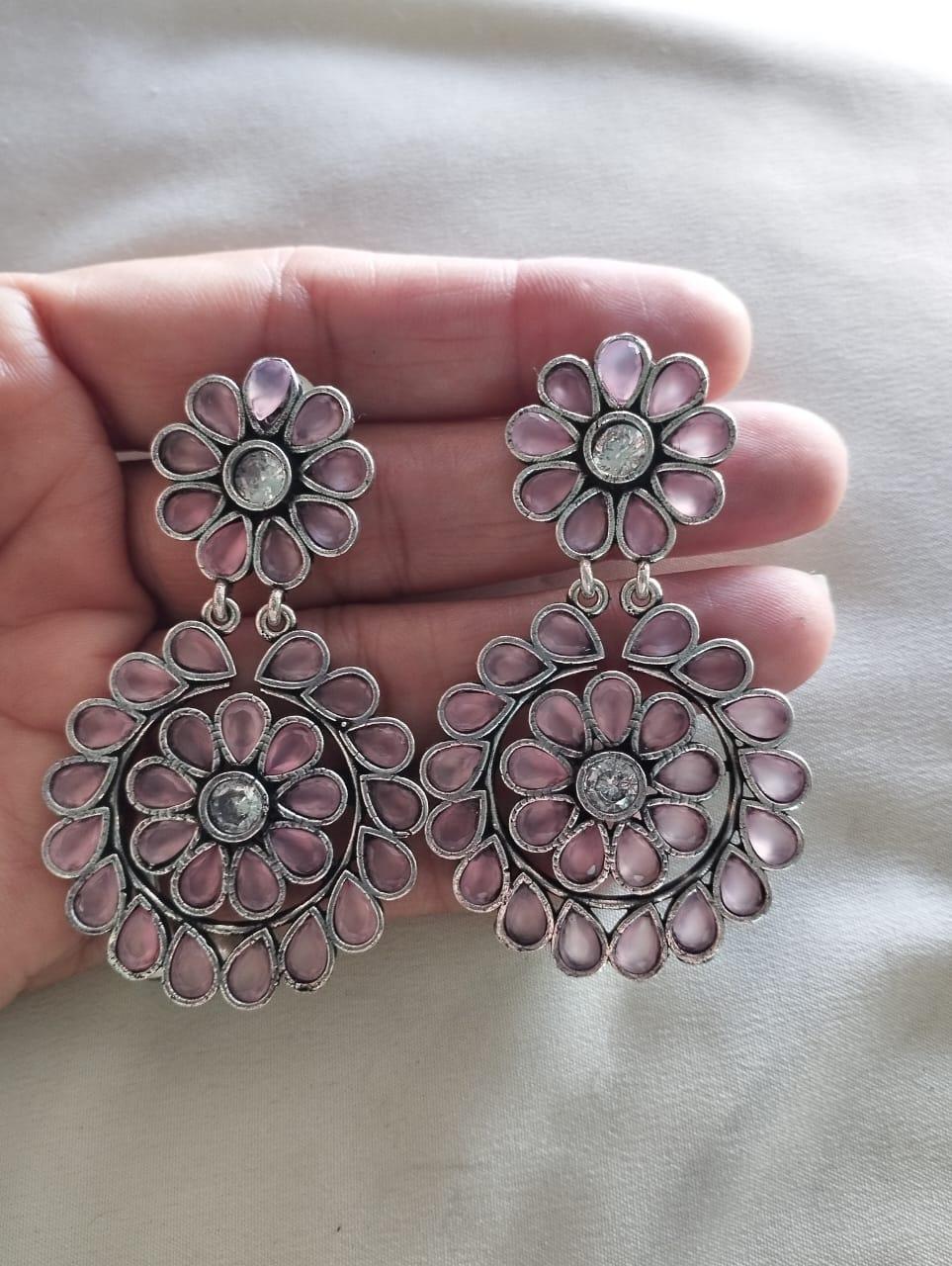 Elegant Pink stone Oxidised Earrings - INSTAR JEWELLERY