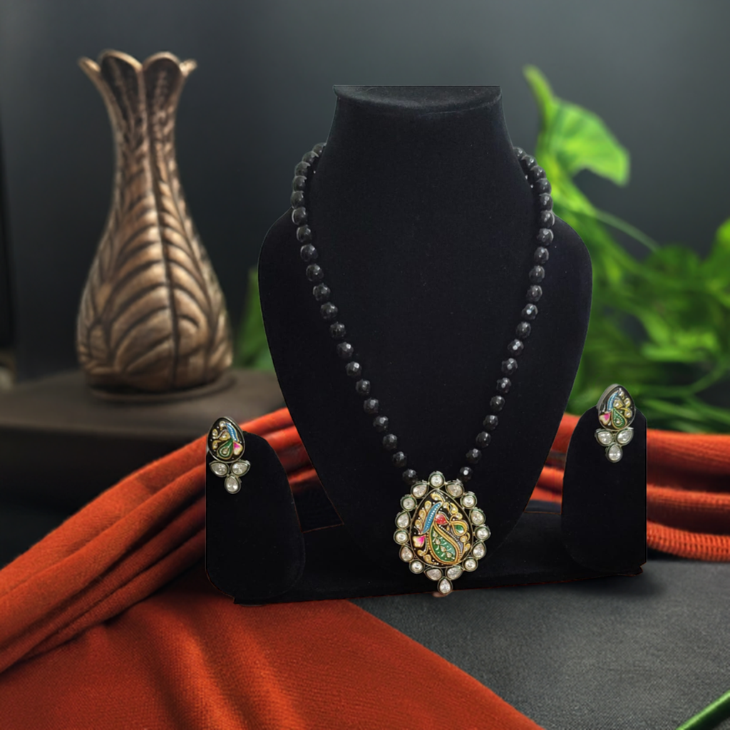 Black Beads with Meenakari Necklace Set - INSTAR JEWELLERY