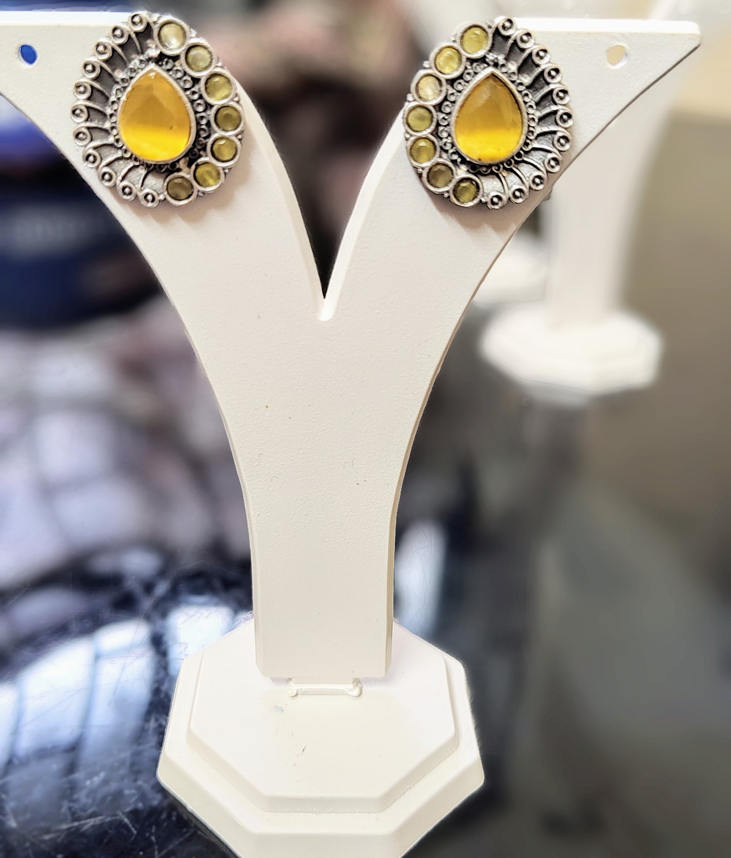 Silver Tone yellow Oxidised Stud