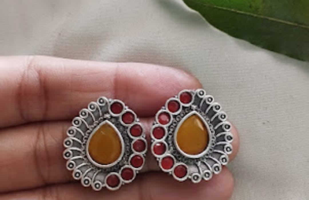 Silver Tone Yellow and red Stone Stud