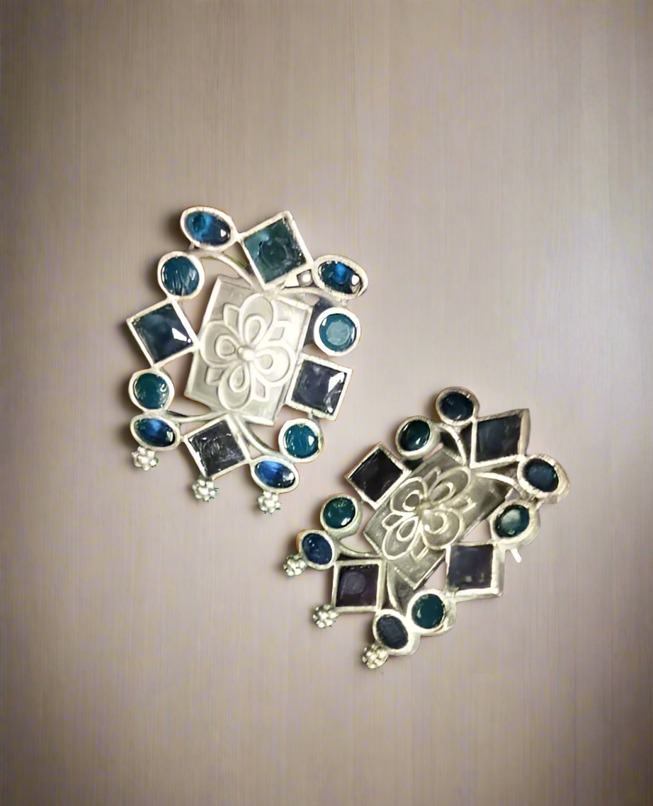 Blue Square Oxidised Earrings