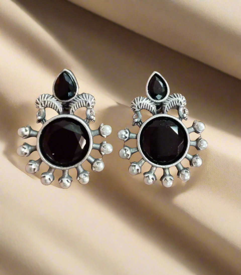 Black with Pearl Oxidised Stud - INSTAR JEWELLERY