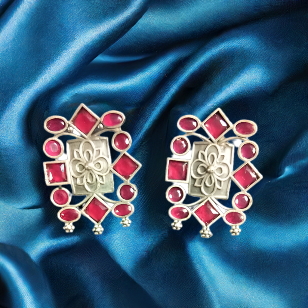 Pink Stone Oxidised Studs