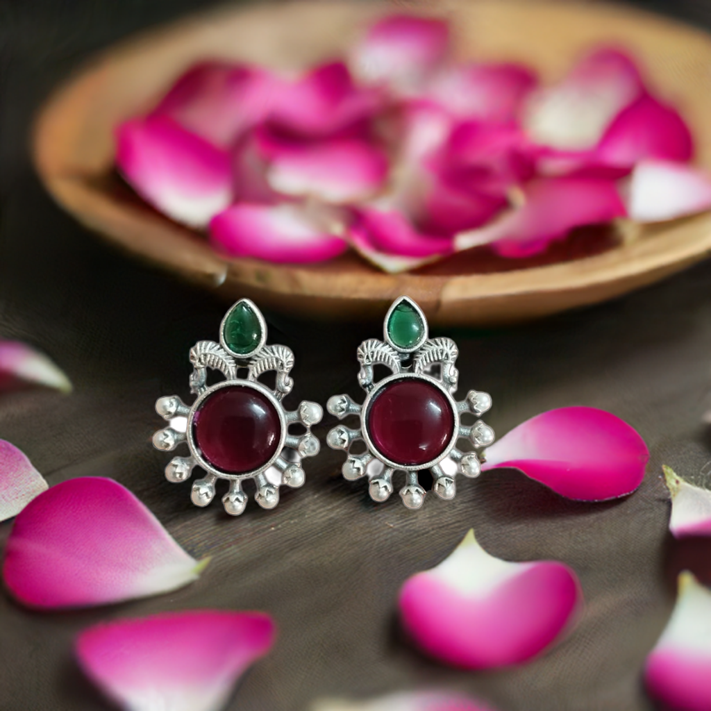 Pink and Green Oxidised Stud - INSTAR JEWELLERY