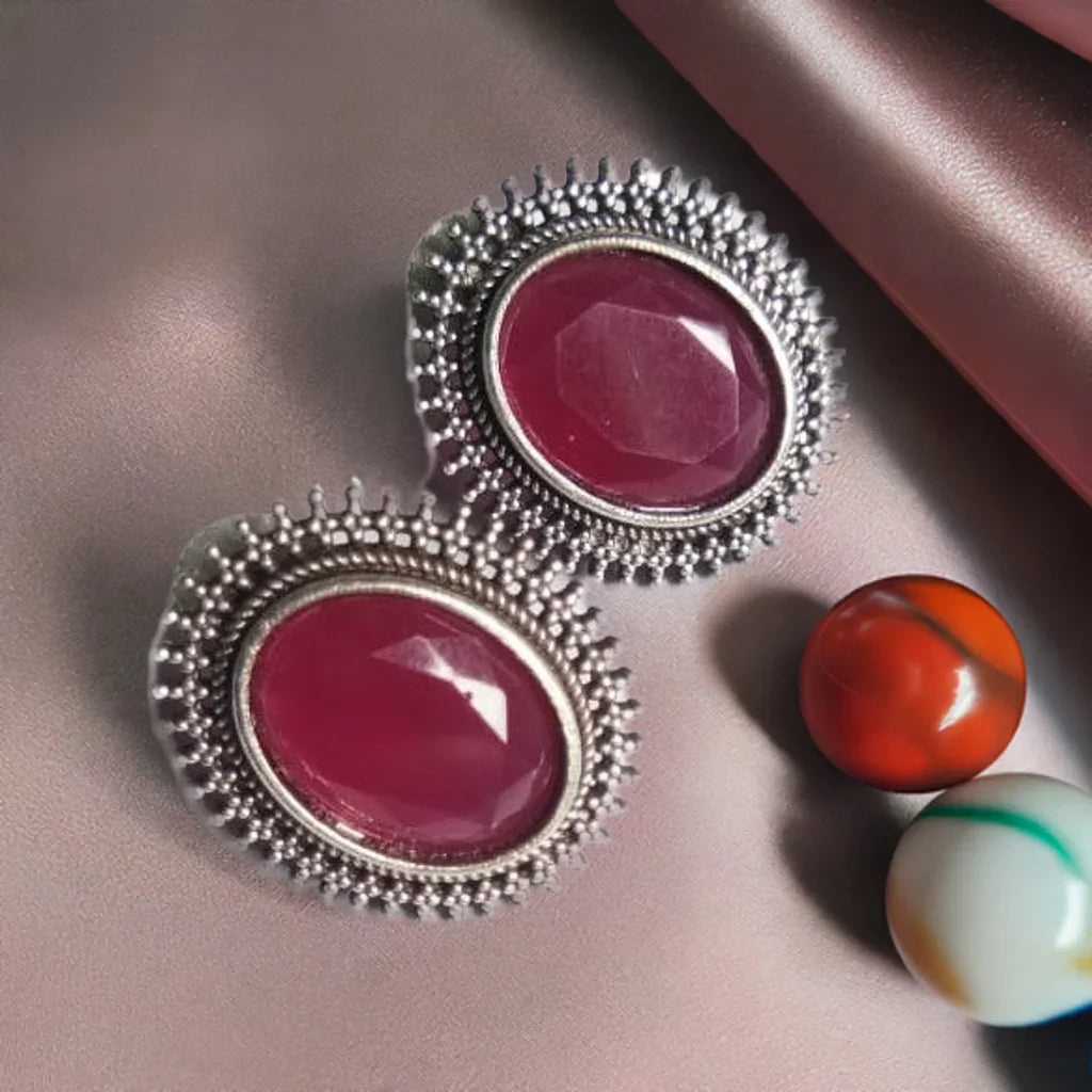 Pink Stone Oxidised Earrings - INSTAR JEWELLERY