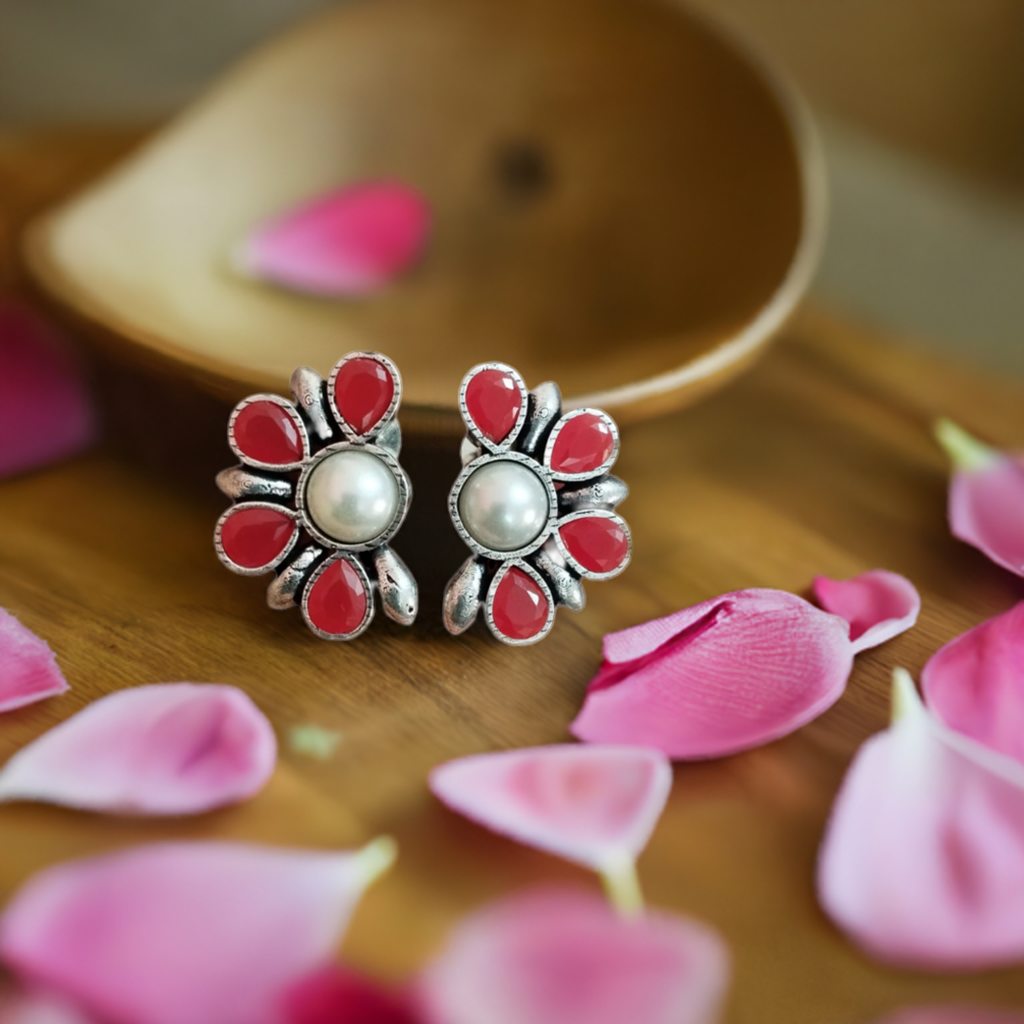 Red Stone With Pearl Oxidised Earrings