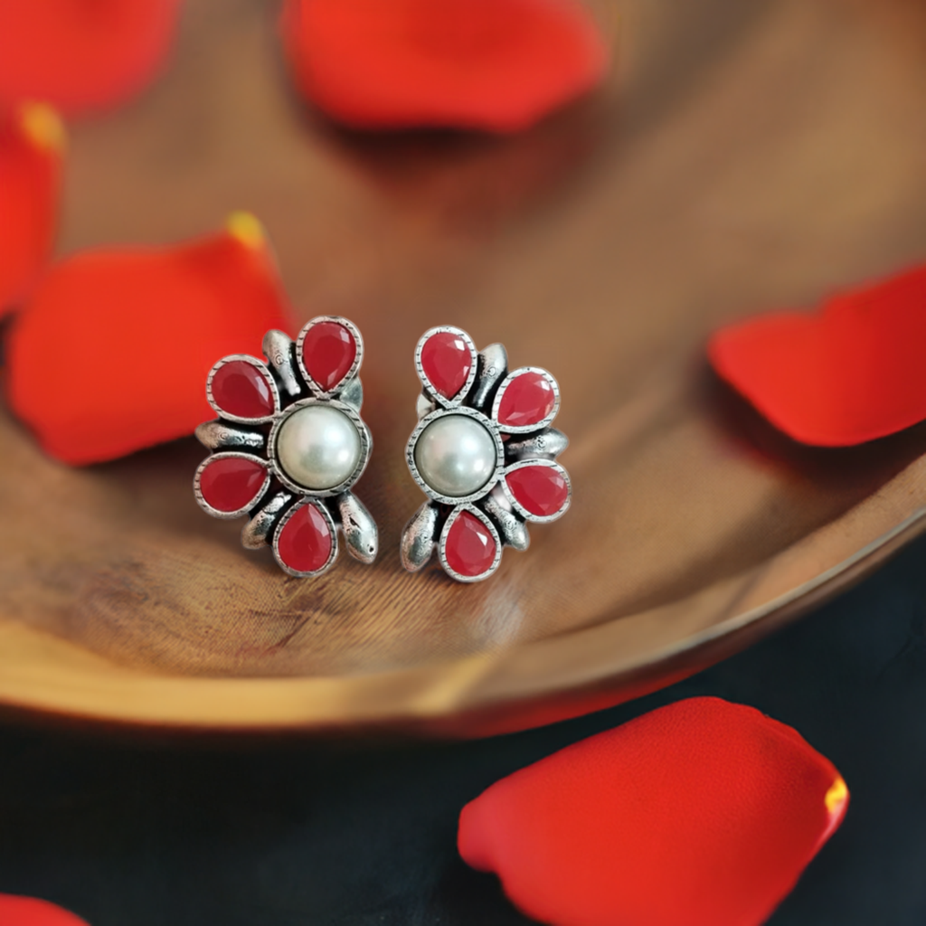 Red Stone With Pearl Oxidised Earrings