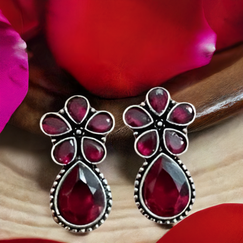 Red Stone Oxidised Earring
