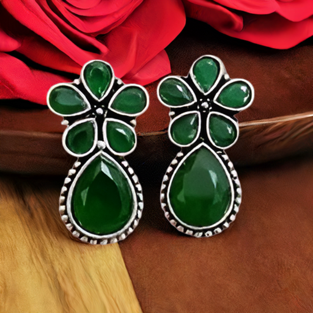 Emerald Green Floral Oxidised Stud
