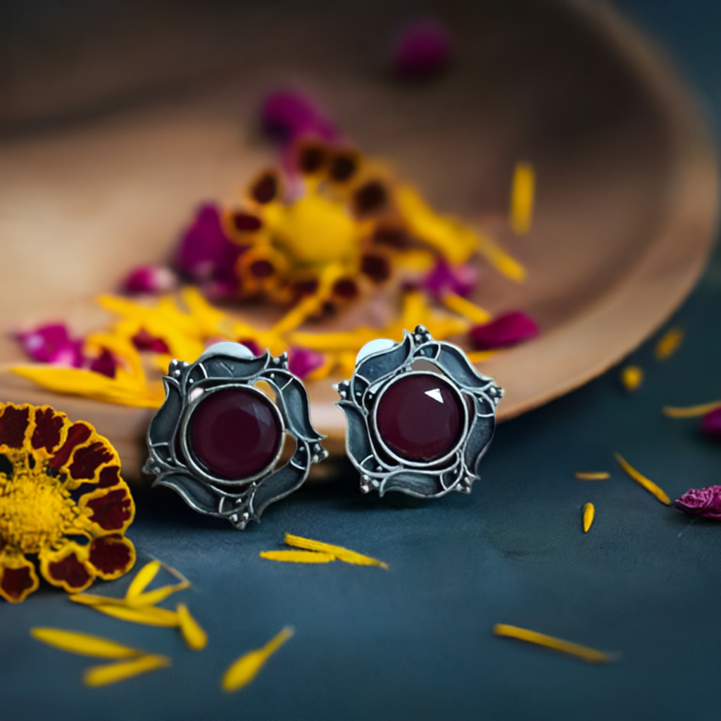 Pink Stone Oxidised Earring