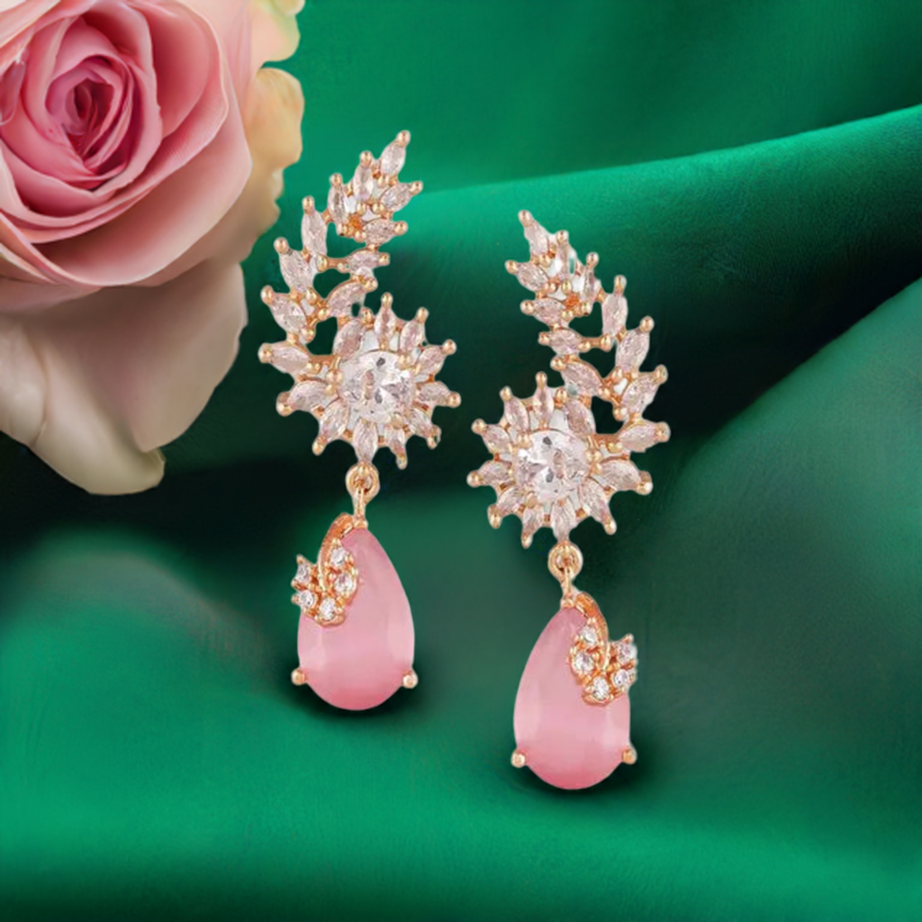 Floral Design Pink AD Earring - INSTAR JEWELLERY