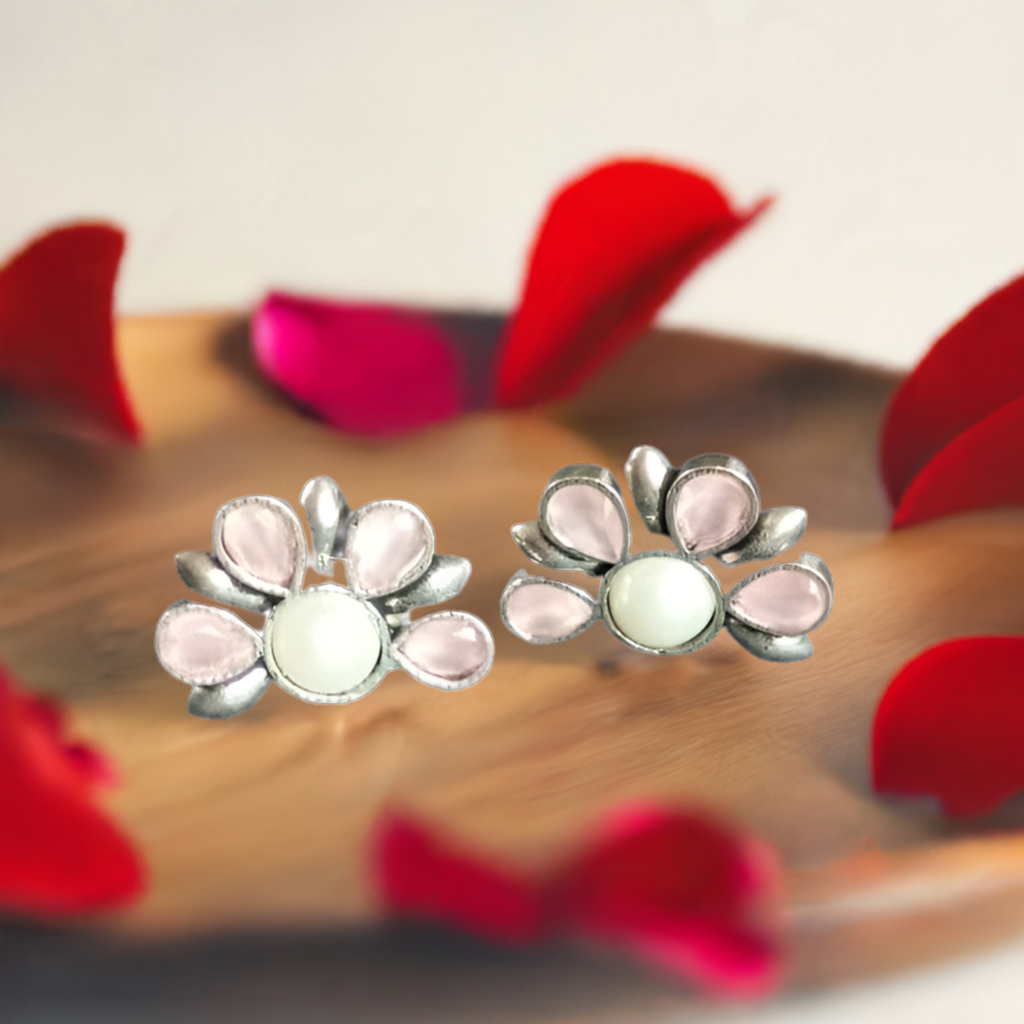 Pink Stone with white Pearl Oxidised Earrings