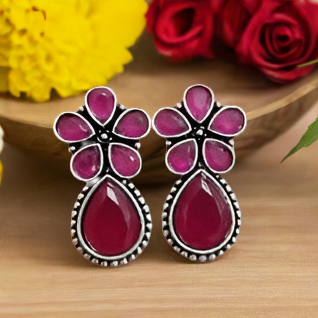 Pink Stone Oxidised earring