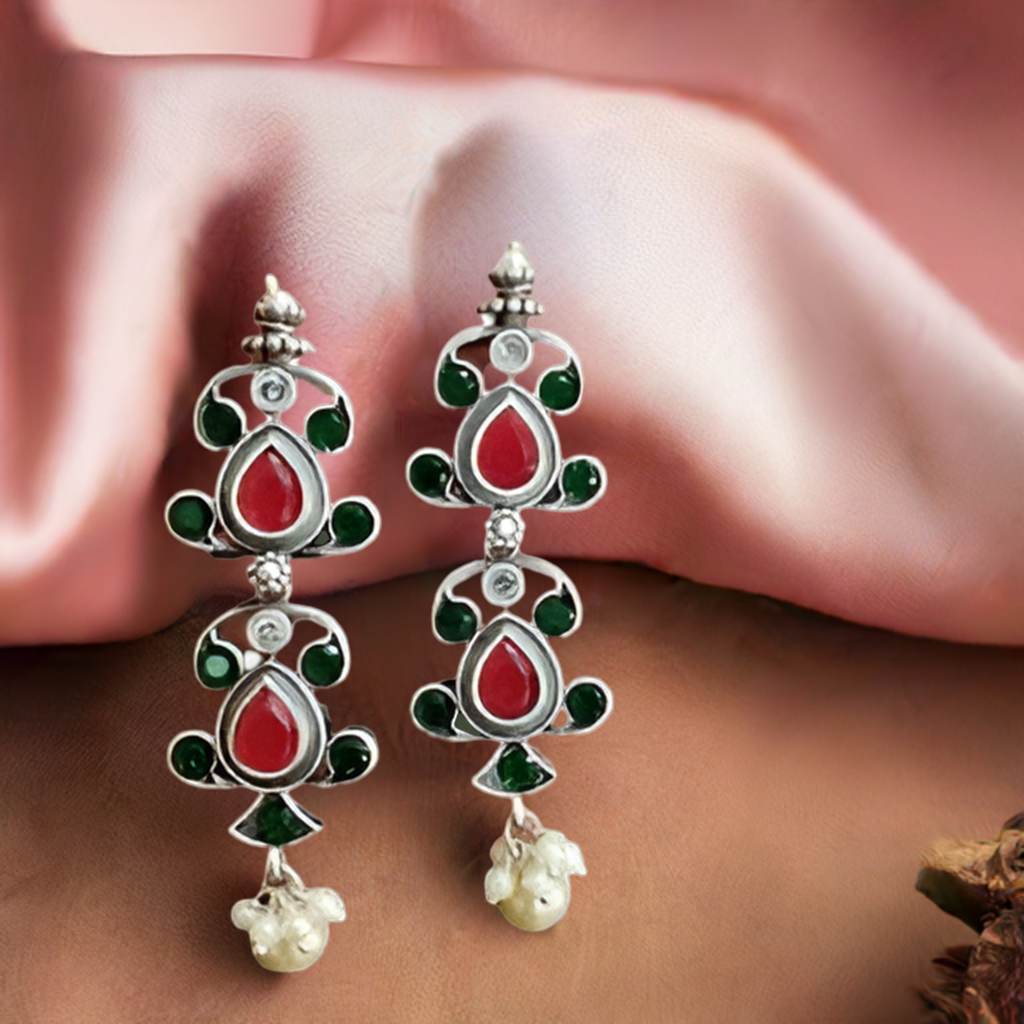 Green And Red Oxidised Dangle - INSTAR JEWELLERY