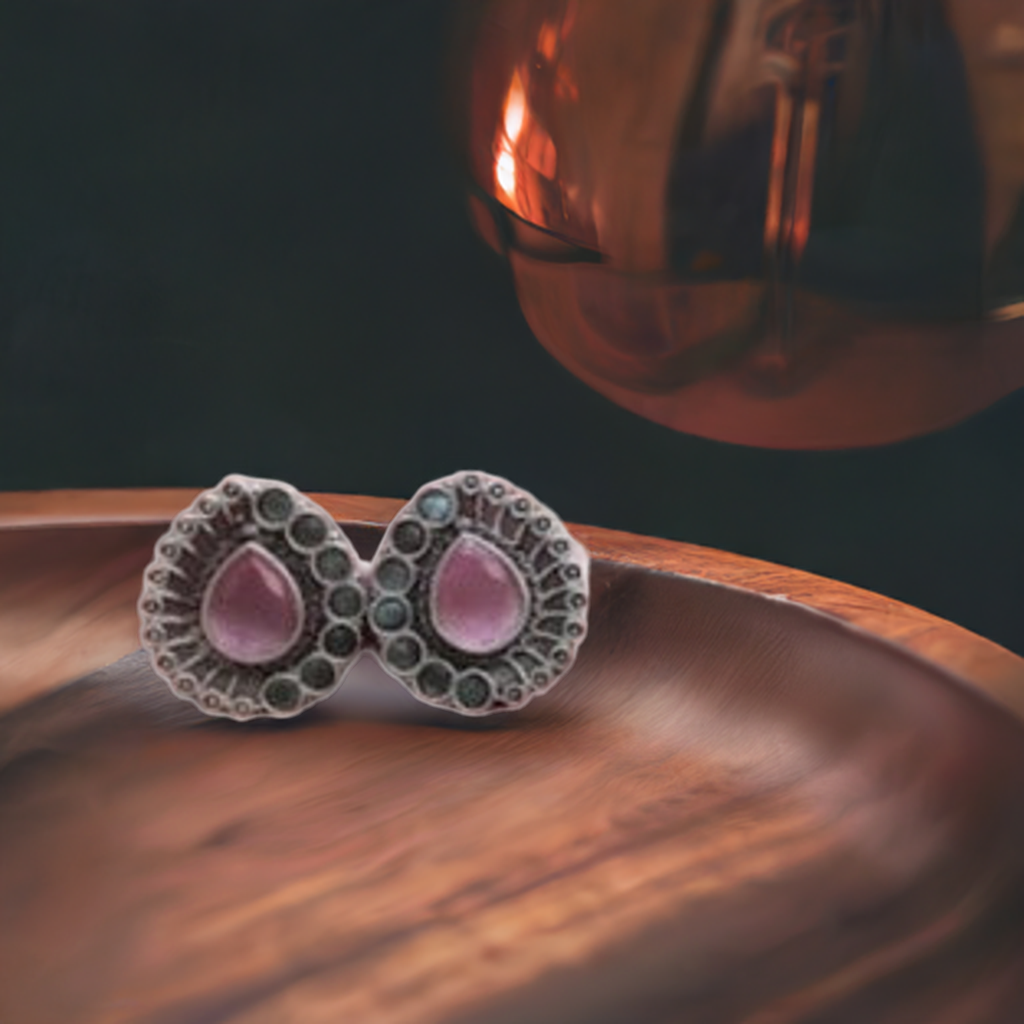 Silver Tone Pink Oxidised Earring