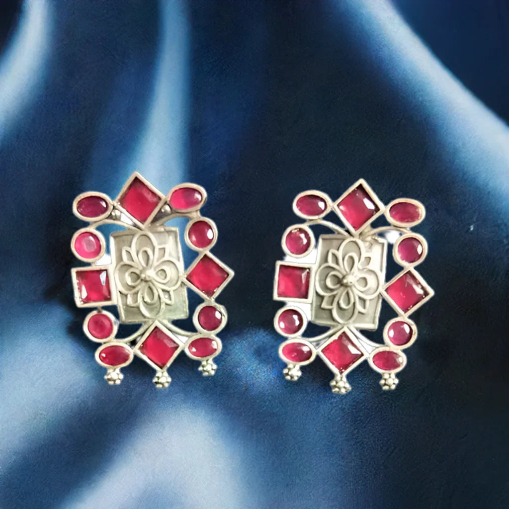 Pink Stone Oxidised Studs - INSTAR JEWELLERY