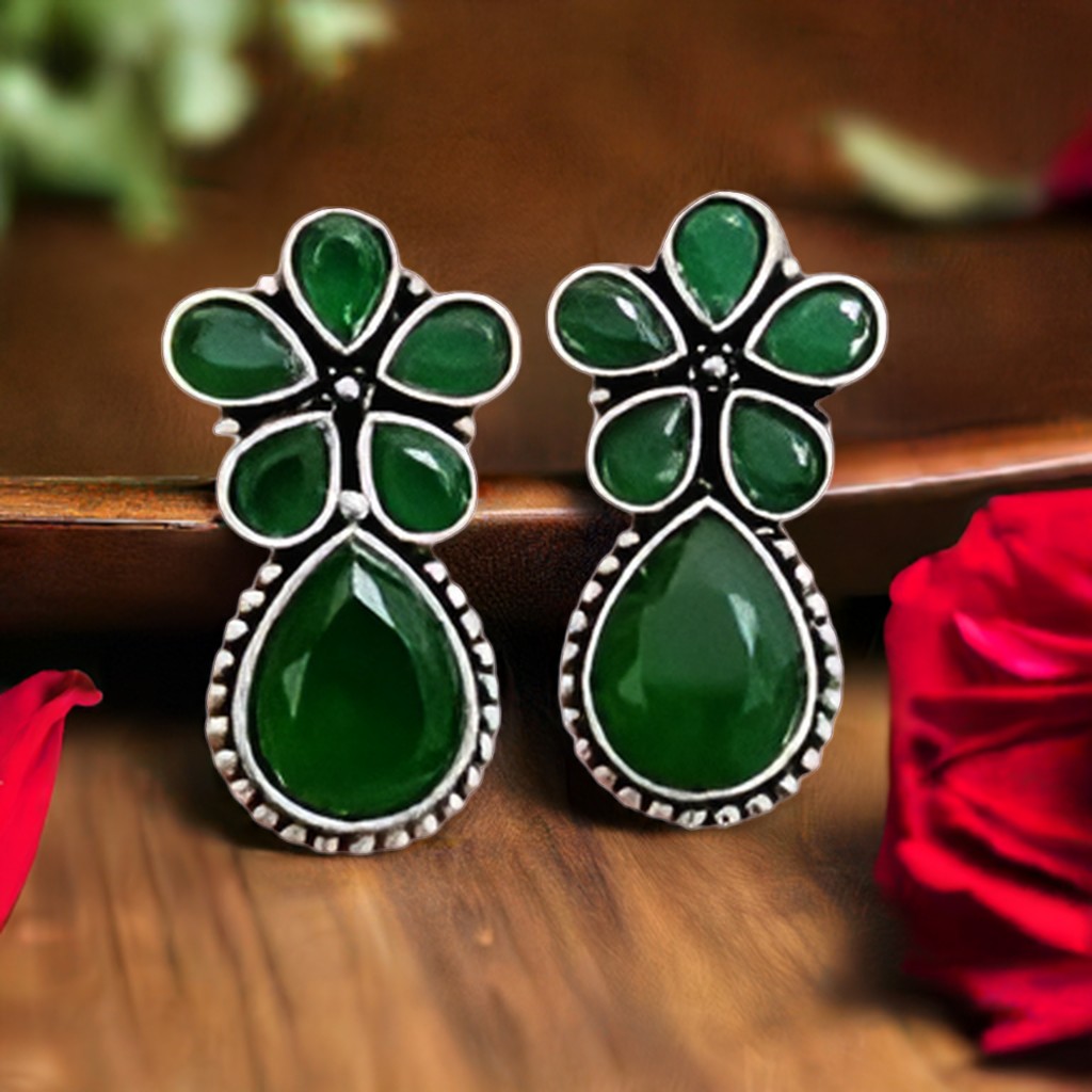 Emerald Green Floral Oxidised Stud