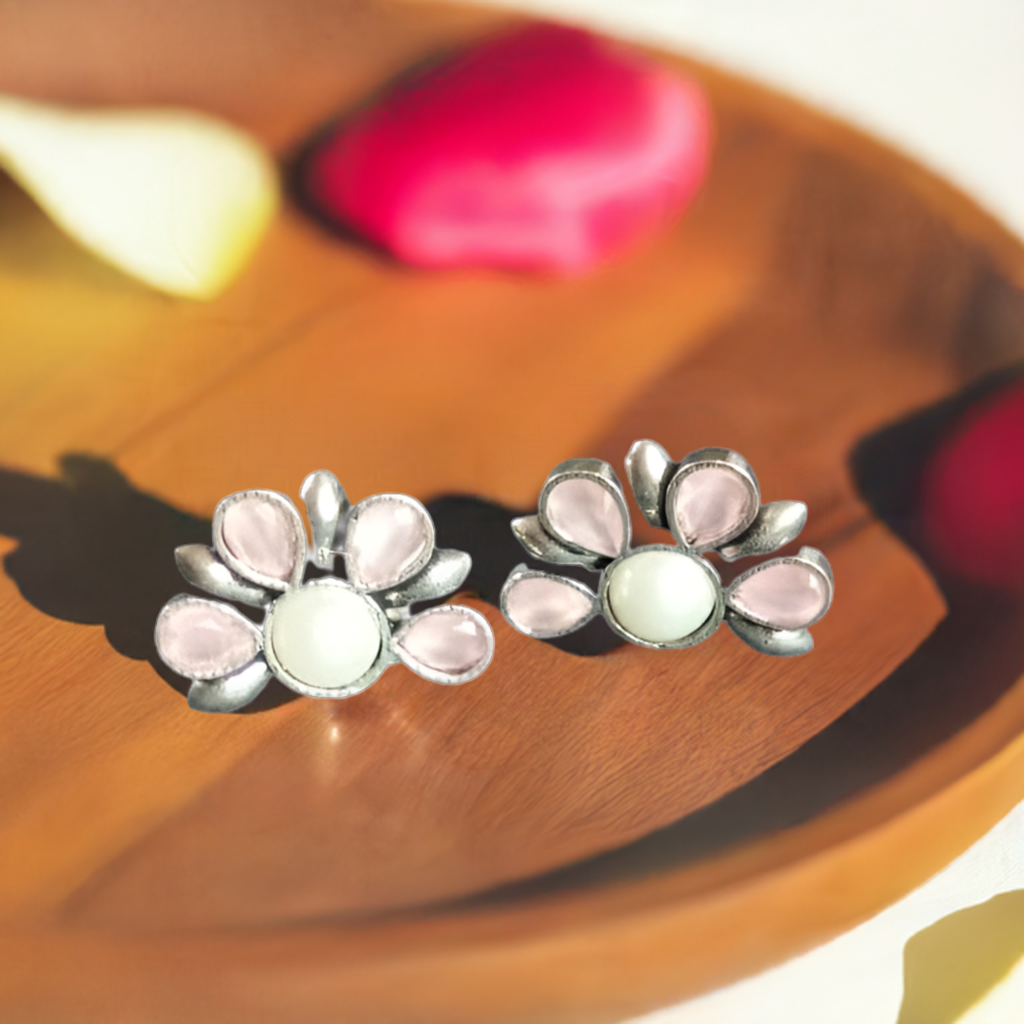 Pink Stone with white Pearl Oxidised Earrings