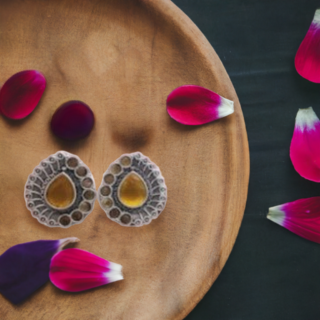 Silver Tone yellow Oxidised Stud