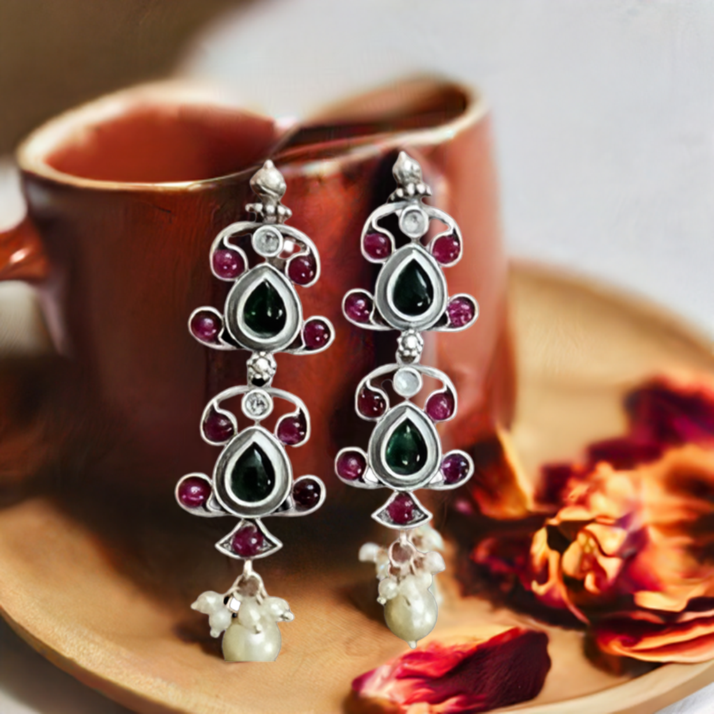 Pink and Green Stone Oxidised Dangle - INSTAR JEWELLERY