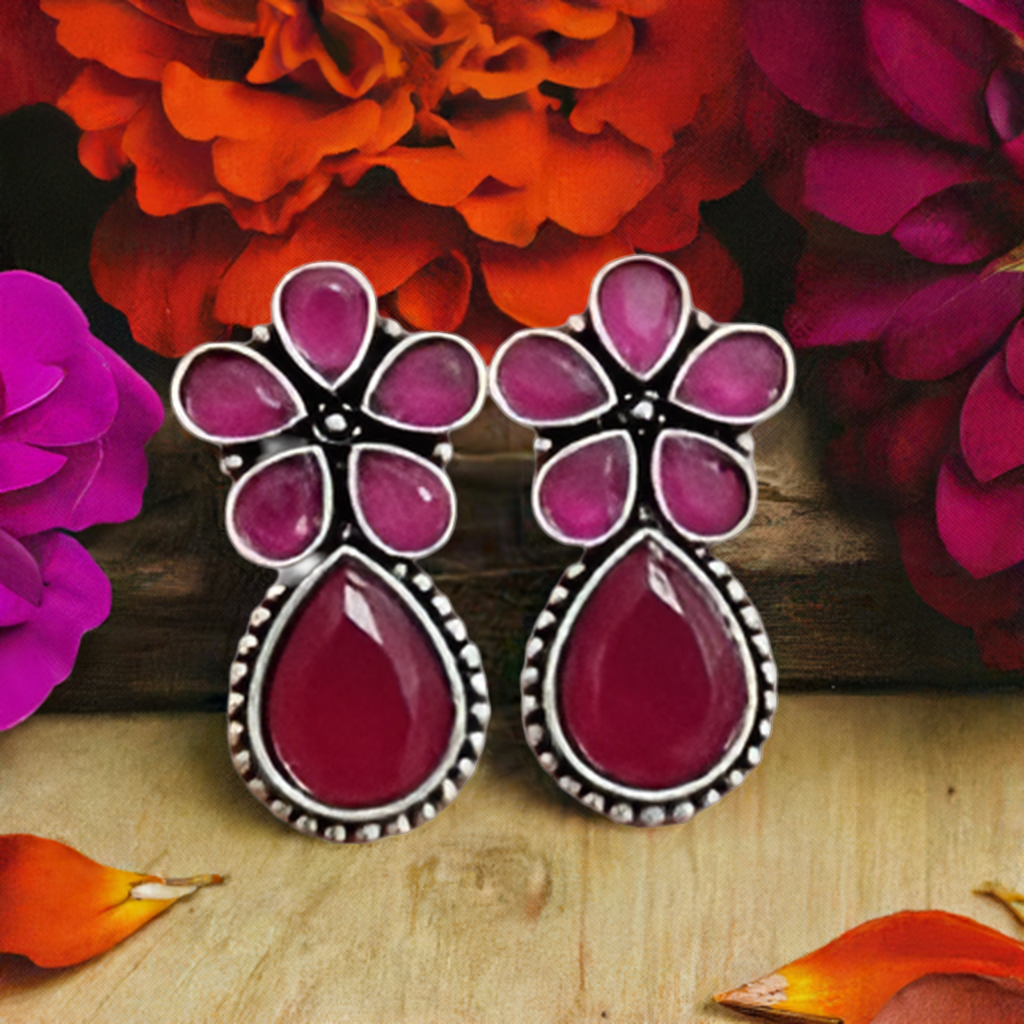 Pink Stone Oxidised earring