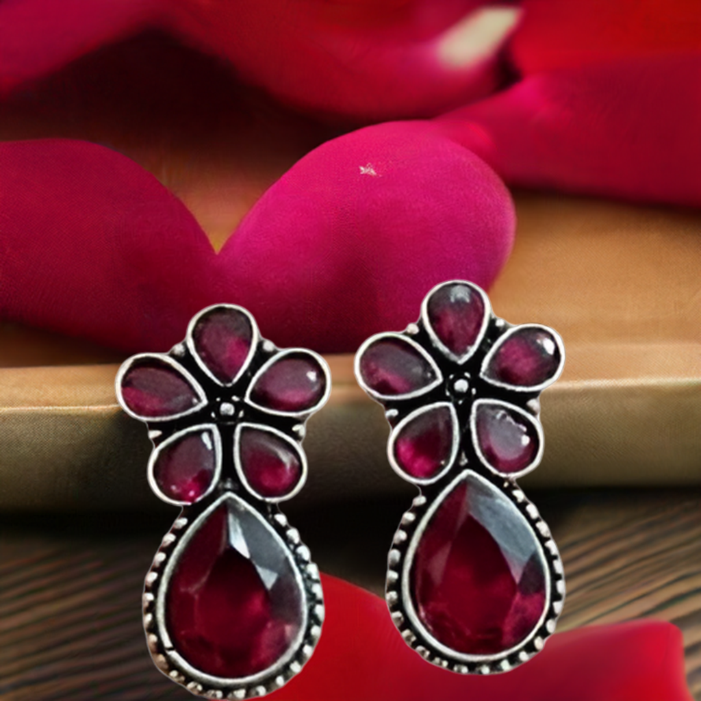 Red Stone Oxidised Earring