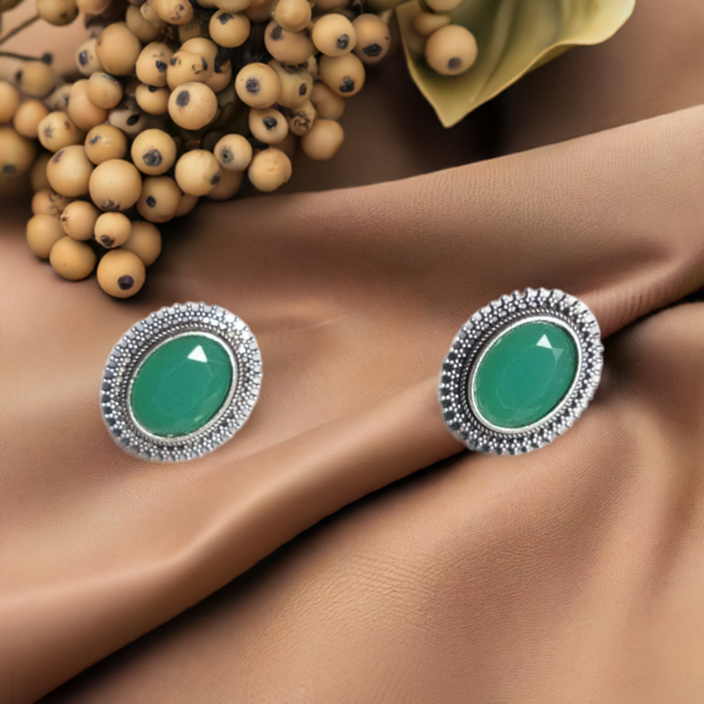 Green Stone Oxidised Earrings