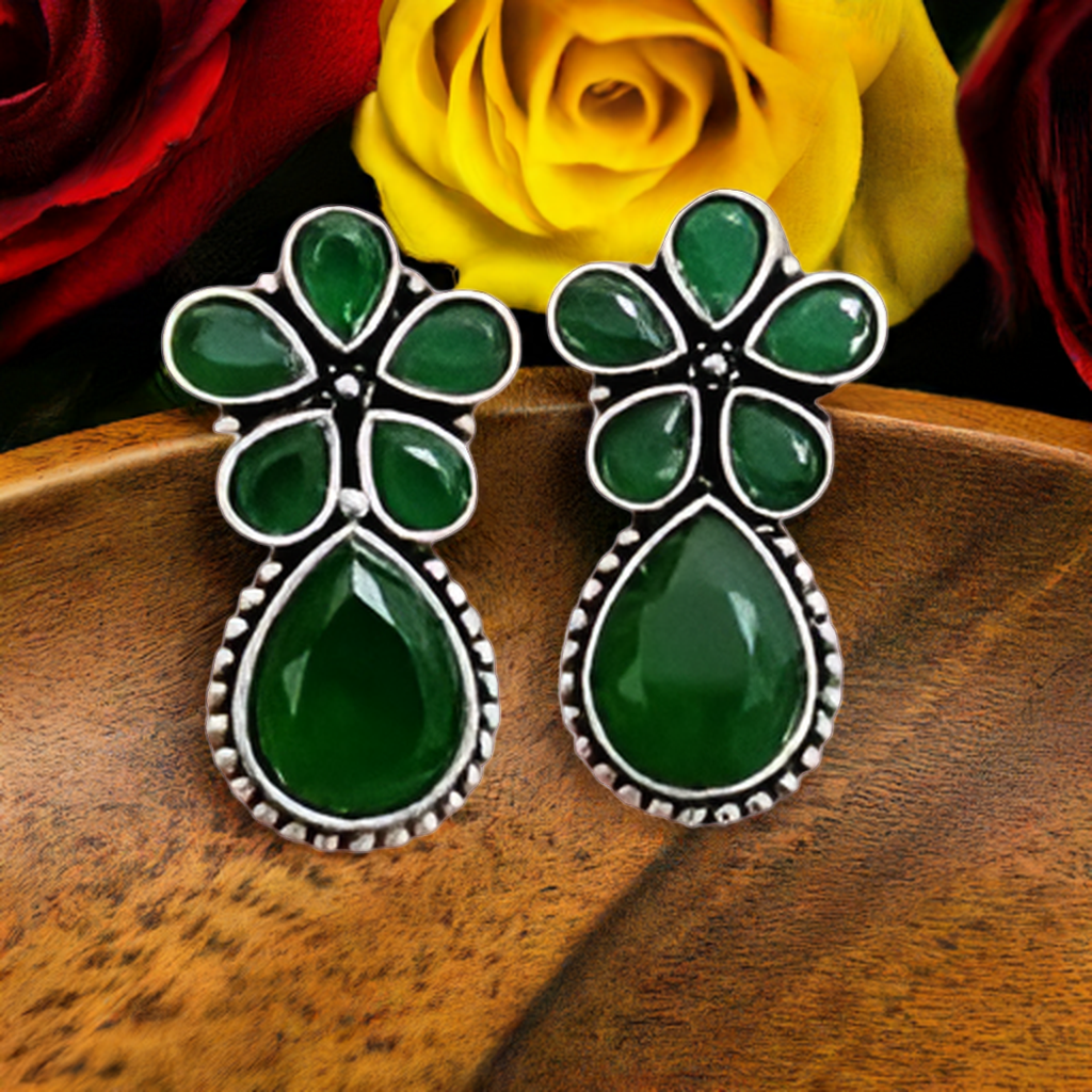 Emerald Green Floral Oxidised Stud