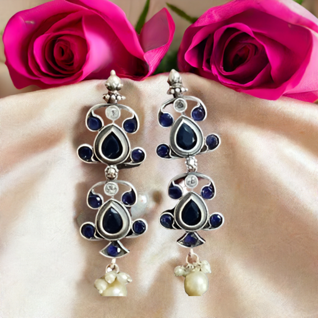 Blue Stone With Pearls Oxidised Dangle - INSTAR JEWELLERY