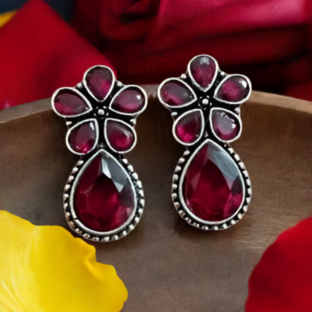 Red Stone Oxidised Earring