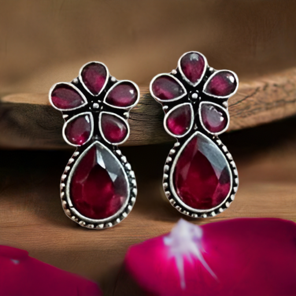 Red Stone Oxidised Earring