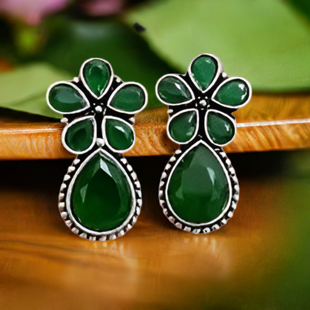 Emerald Green Floral Oxidised Stud