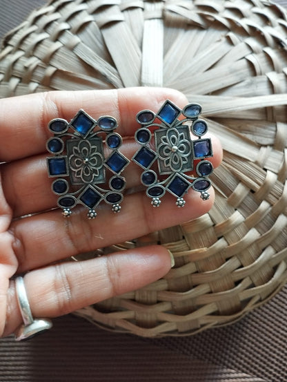 Blue Square Oxidised Earrings