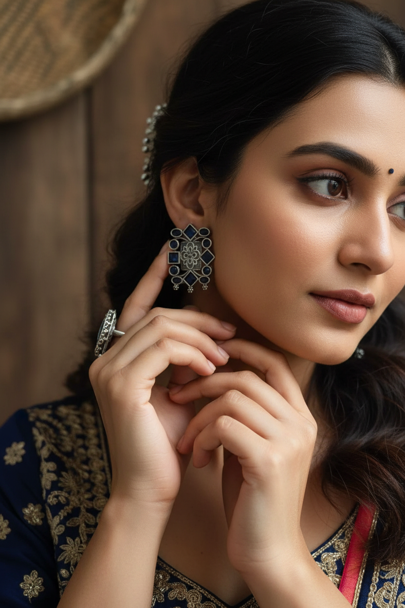 Blue Square Oxidised Earrings