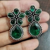 Green Floral Oxidised Stud