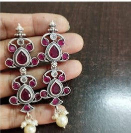 Pink with White Pearls Oxidised Earring