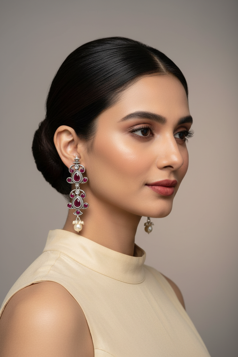 Pink with White Pearls Oxidised Earring