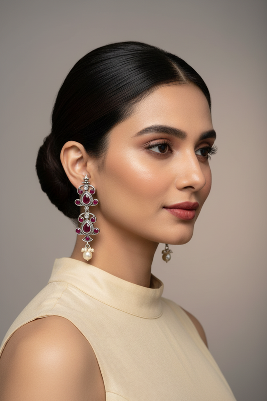 Pink with White Pearls Oxidised Earring