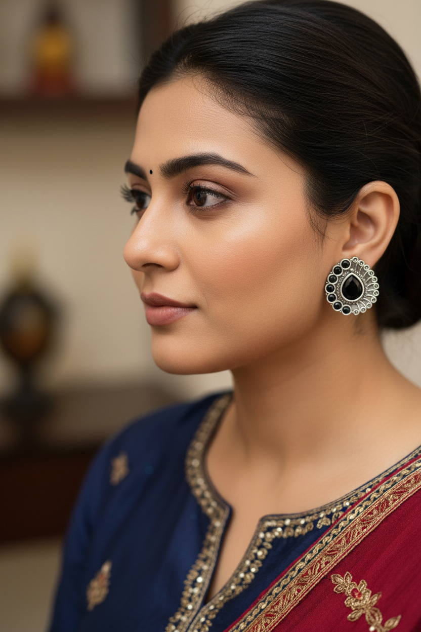 Silver Tone Black Oxidised Earring