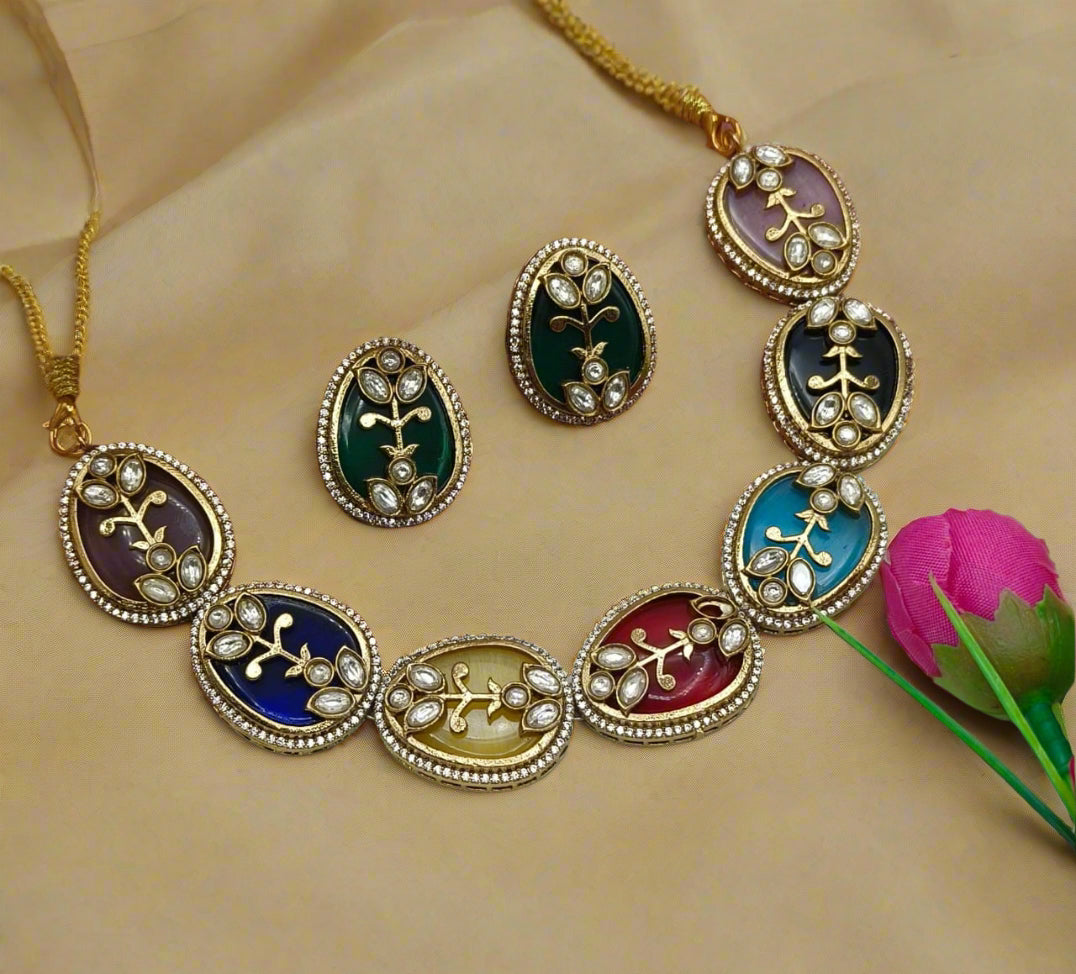 MULTI COLOURED STONE KUNDAN NECKLACE - INSTAR JEWELLERY