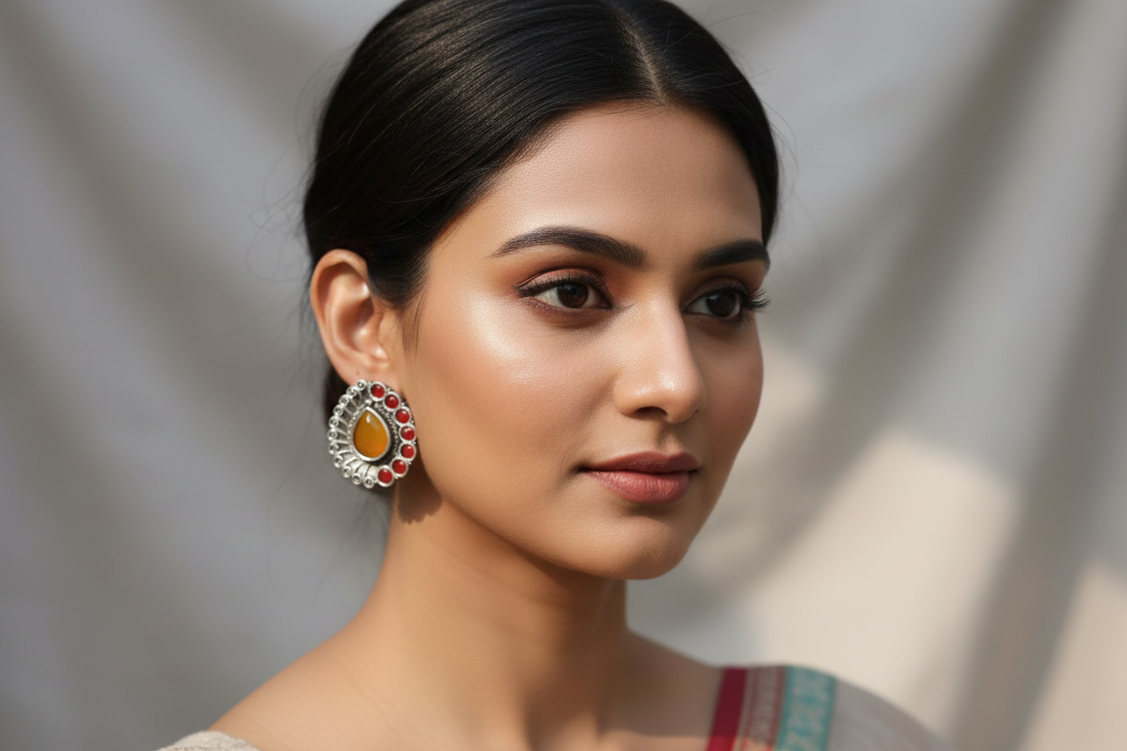 Silver Tone Yellow and red Stone Stud