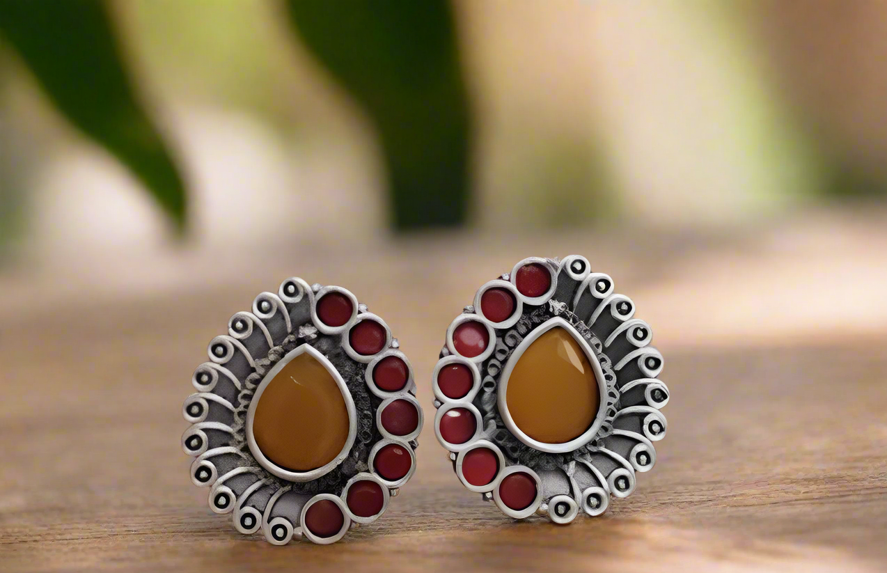Silver Tone Yellow and red Stone Stud