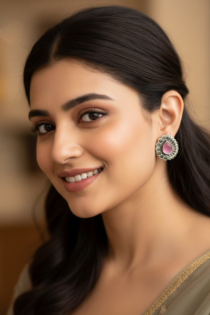 Silver Tone Pink Oxidised Earring