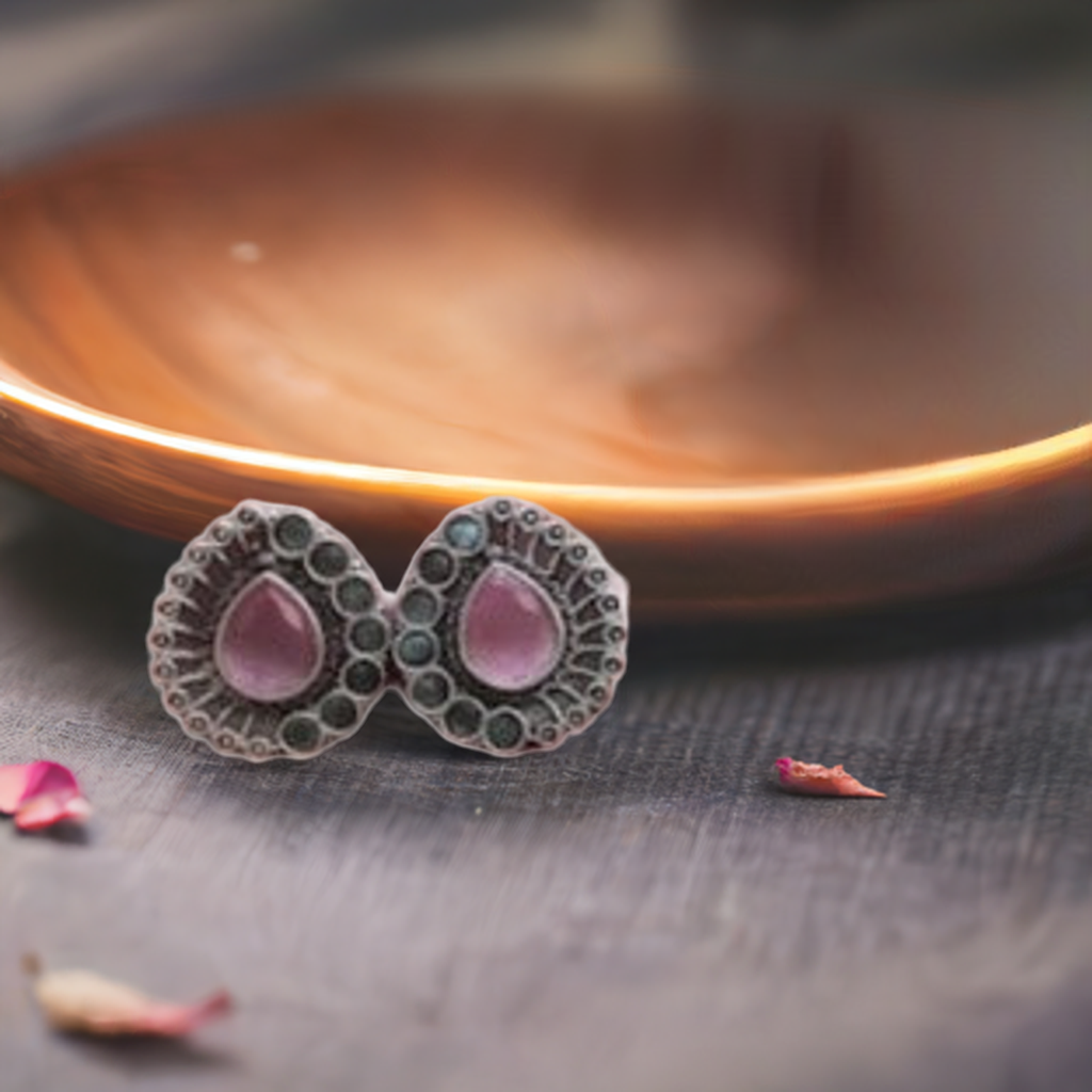 Silver Tone Pink Oxidised Earring