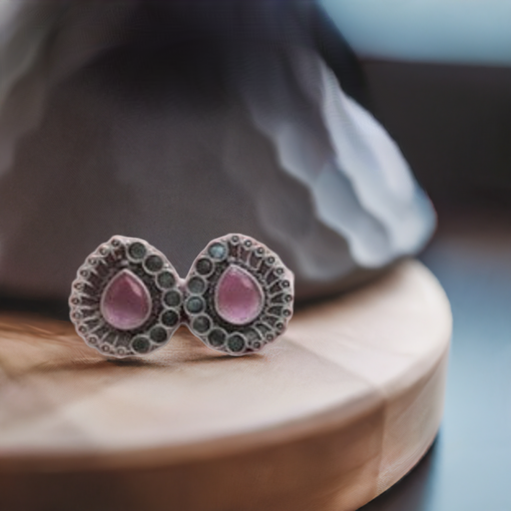 Silver Tone Pink Oxidised Earring